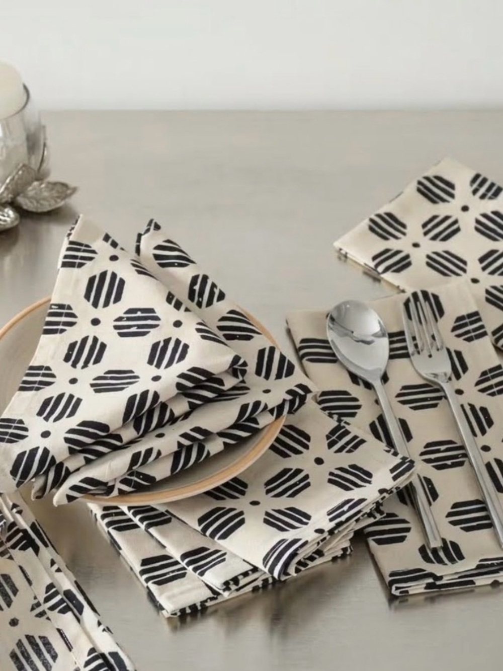 Black Geometric Cotton Napkins - Set of 12